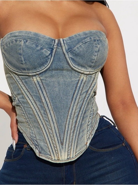 Fashion Nova Tops - Fashion Nova Light Blue Denim Corset Bustier Top
